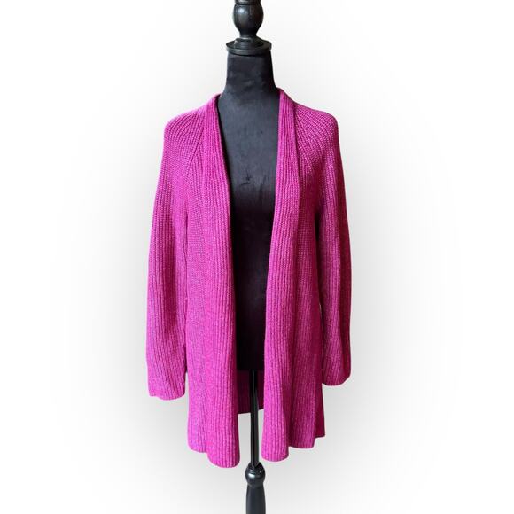 NWT Loft Berry Pink Open Front Chunky Knit Shawl Collar Cardigan Sweater Size L - Picture 1 of 16